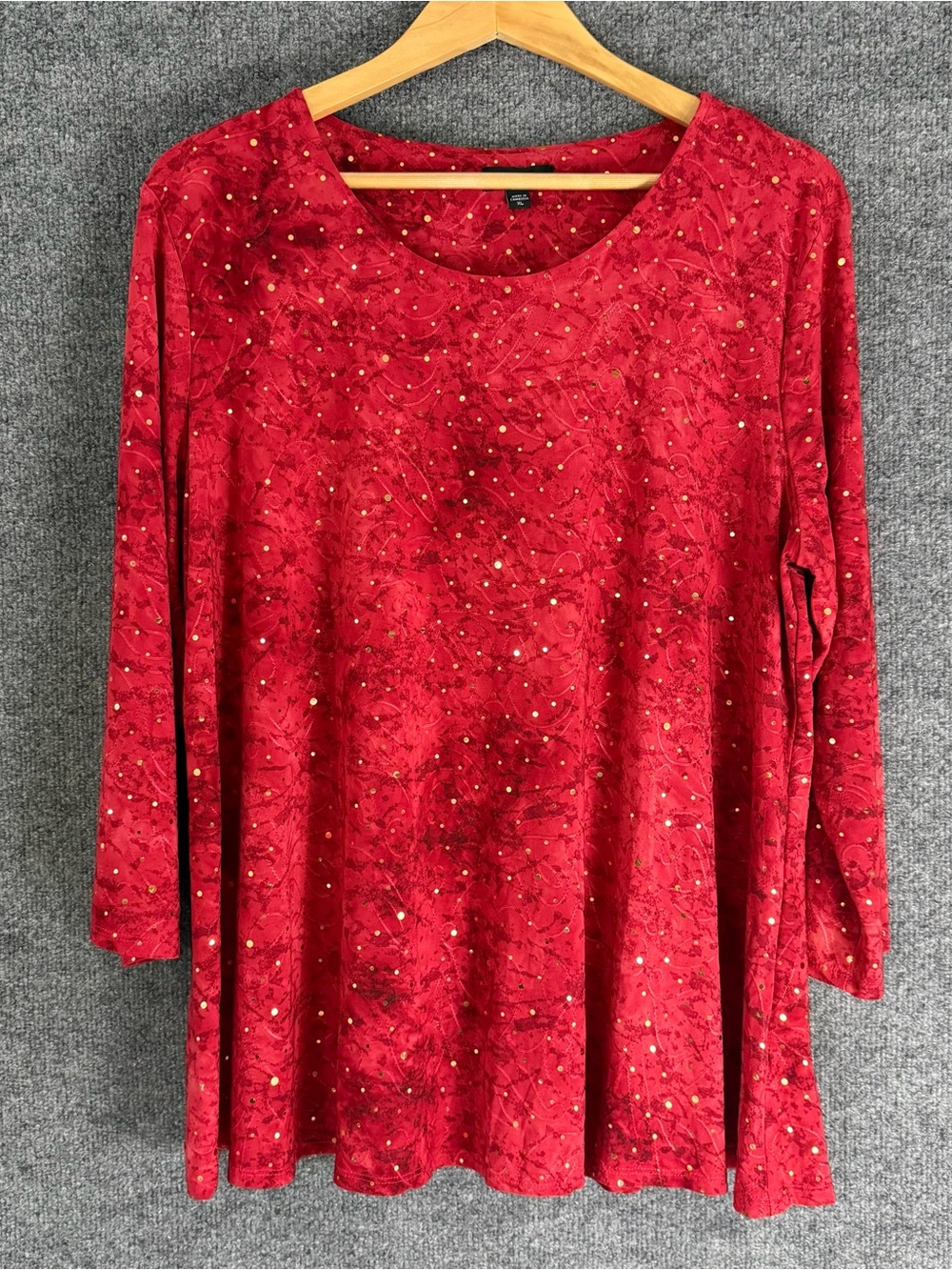 Cocomo Womens 3/4 Sleeve Sequin Tunic Top Size XL Red Gold Office Stretch